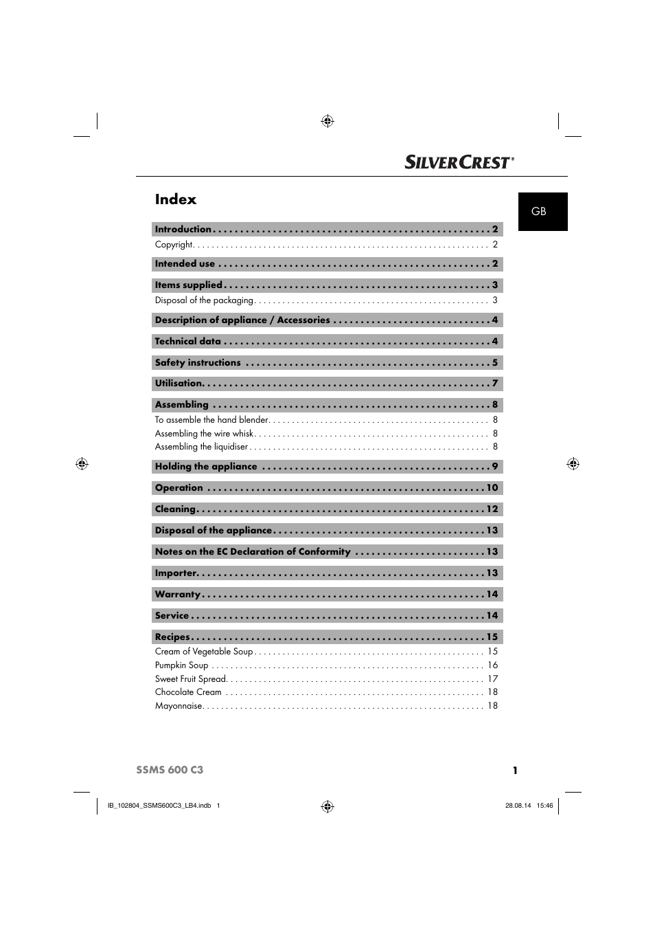 Index | Silvercrest SSMS 600 C3 User Manual | Page 4 / 130