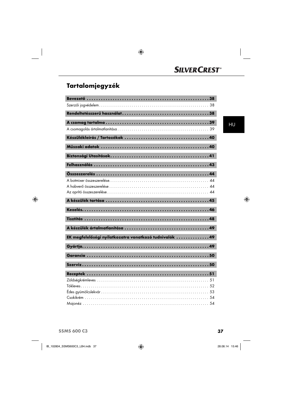 Tartalomjegyzék | Silvercrest SSMS 600 C3 User Manual | Page 40 / 130