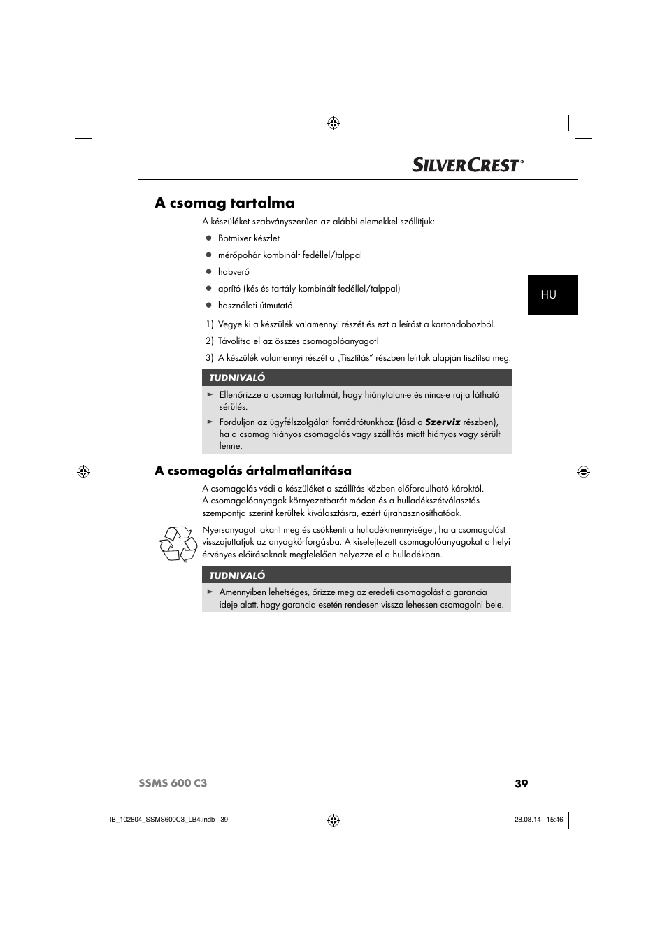 A csomag tartalma, A csomagolás ártalmatlanítása | Silvercrest SSMS 600 C3 User Manual | Page 42 / 130