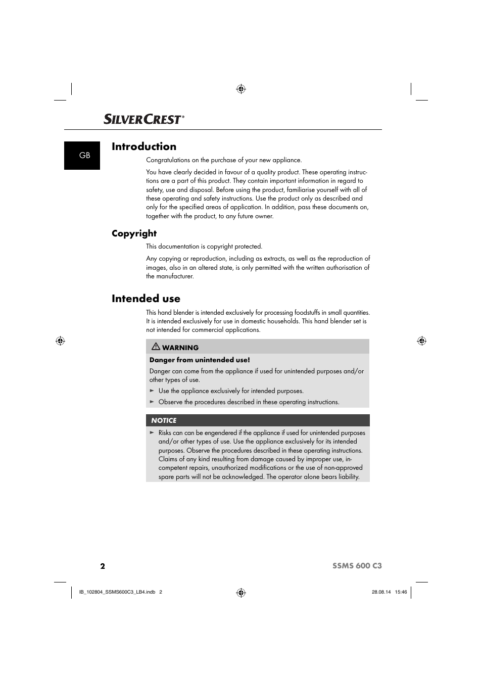 Introduction, Intended use, Copyright | Silvercrest SSMS 600 C3 User Manual | Page 5 / 130