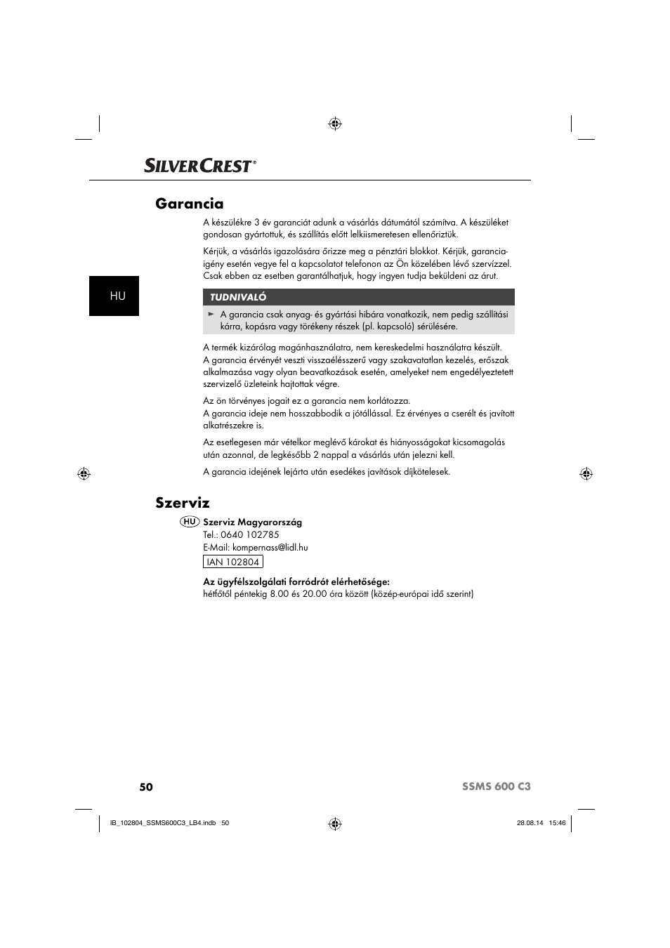 Garancia, Szerviz | Silvercrest SSMS 600 C3 User Manual | Page 53 / 130