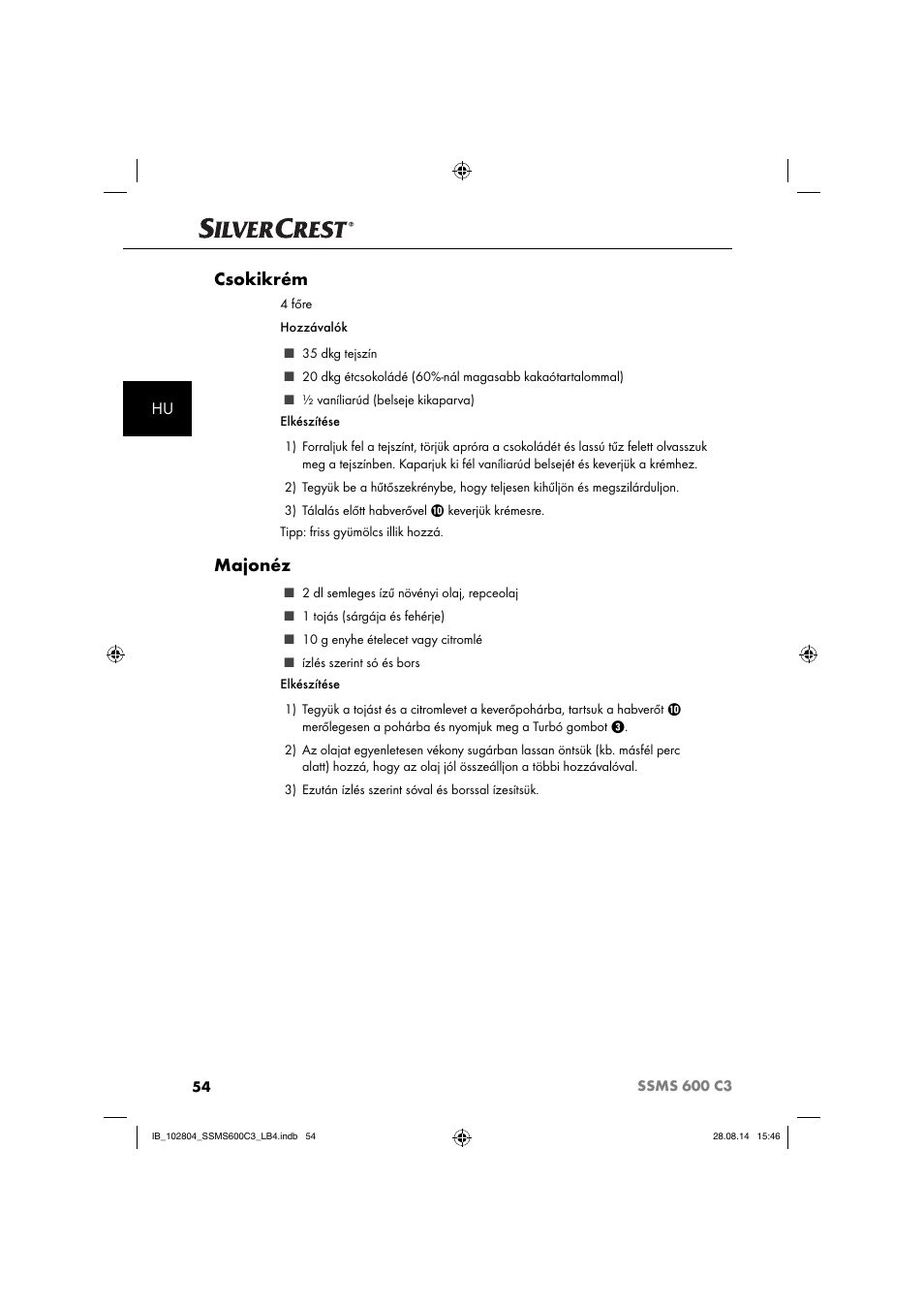 Csokikrém, Majonéz | Silvercrest SSMS 600 C3 User Manual | Page 57 / 130