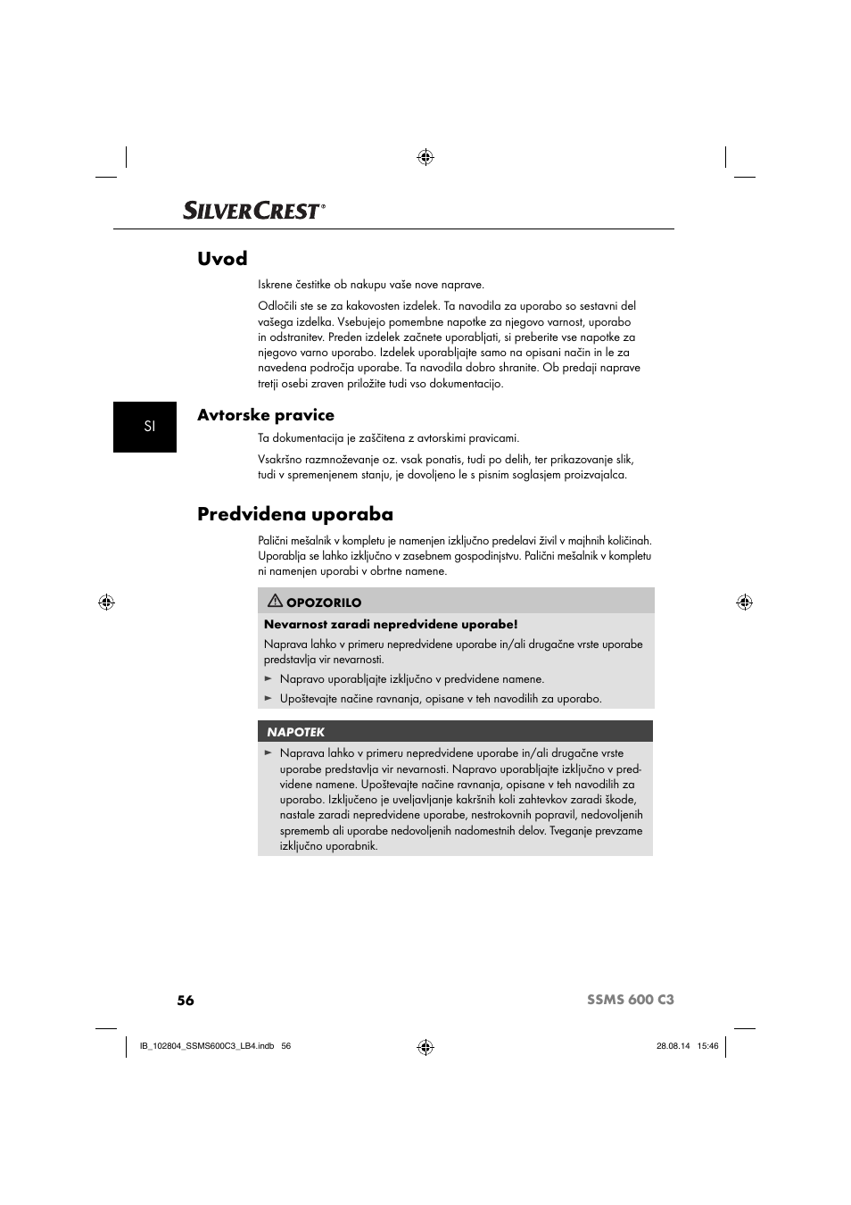 Uvod, Predvidena uporaba, Avtorske pravice | Silvercrest SSMS 600 C3 User Manual | Page 59 / 130