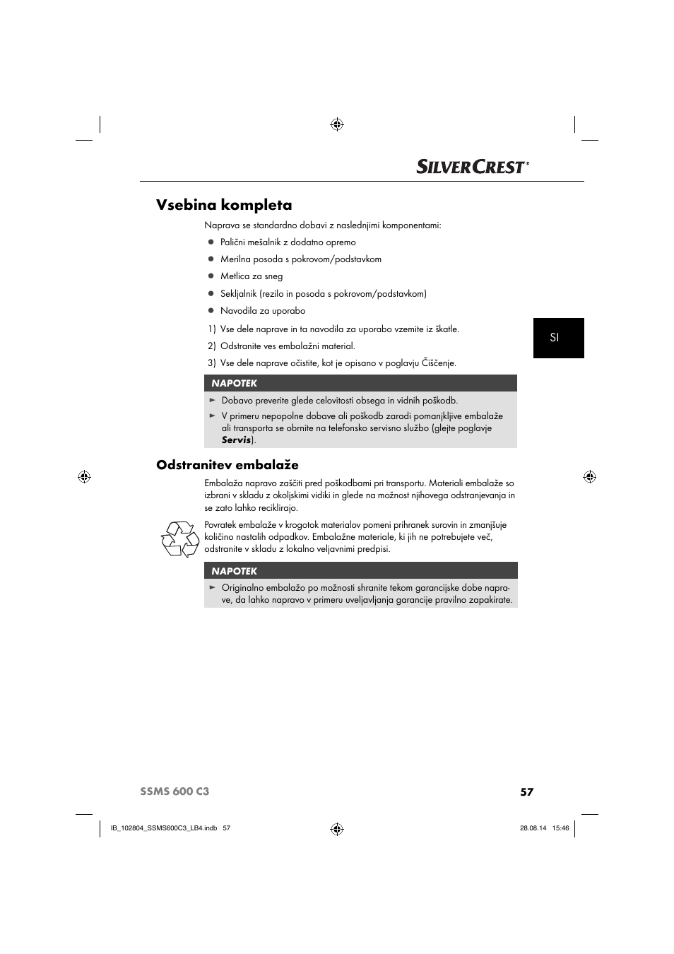 Vsebina kompleta, Odstranitev embalaže | Silvercrest SSMS 600 C3 User Manual | Page 60 / 130