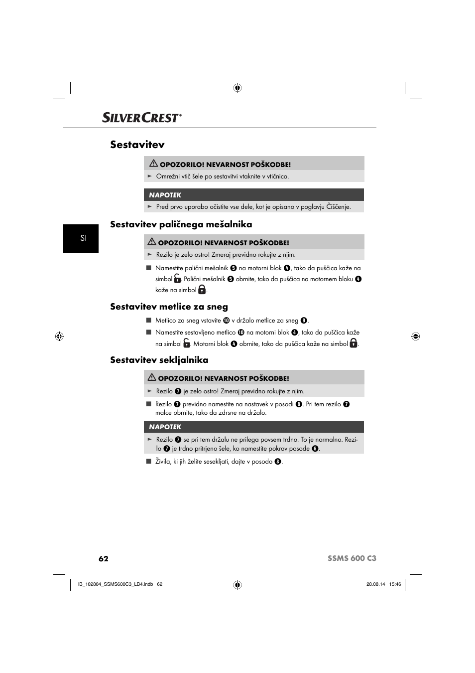 Sestavitev, Sestavitev paličnega mešalnika, Sestavitev metlice za sneg | Sestavitev sekljalnika | Silvercrest SSMS 600 C3 User Manual | Page 65 / 130