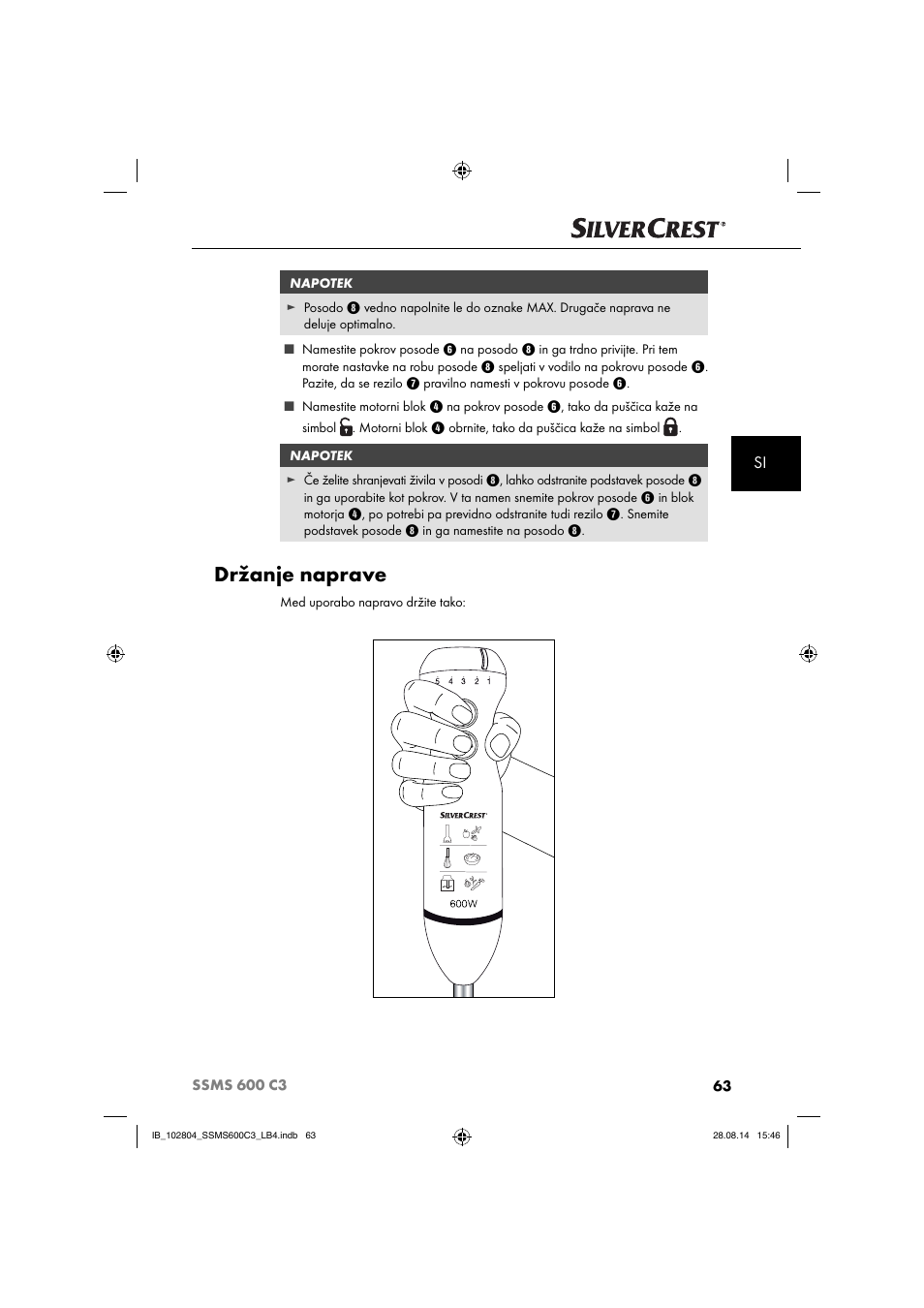 Držanje naprave | Silvercrest SSMS 600 C3 User Manual | Page 66 / 130