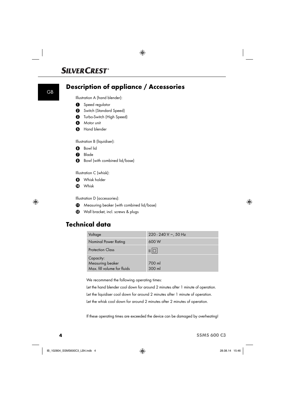 Description of appliance / accessories, Technical data | Silvercrest SSMS 600 C3 User Manual | Page 7 / 130