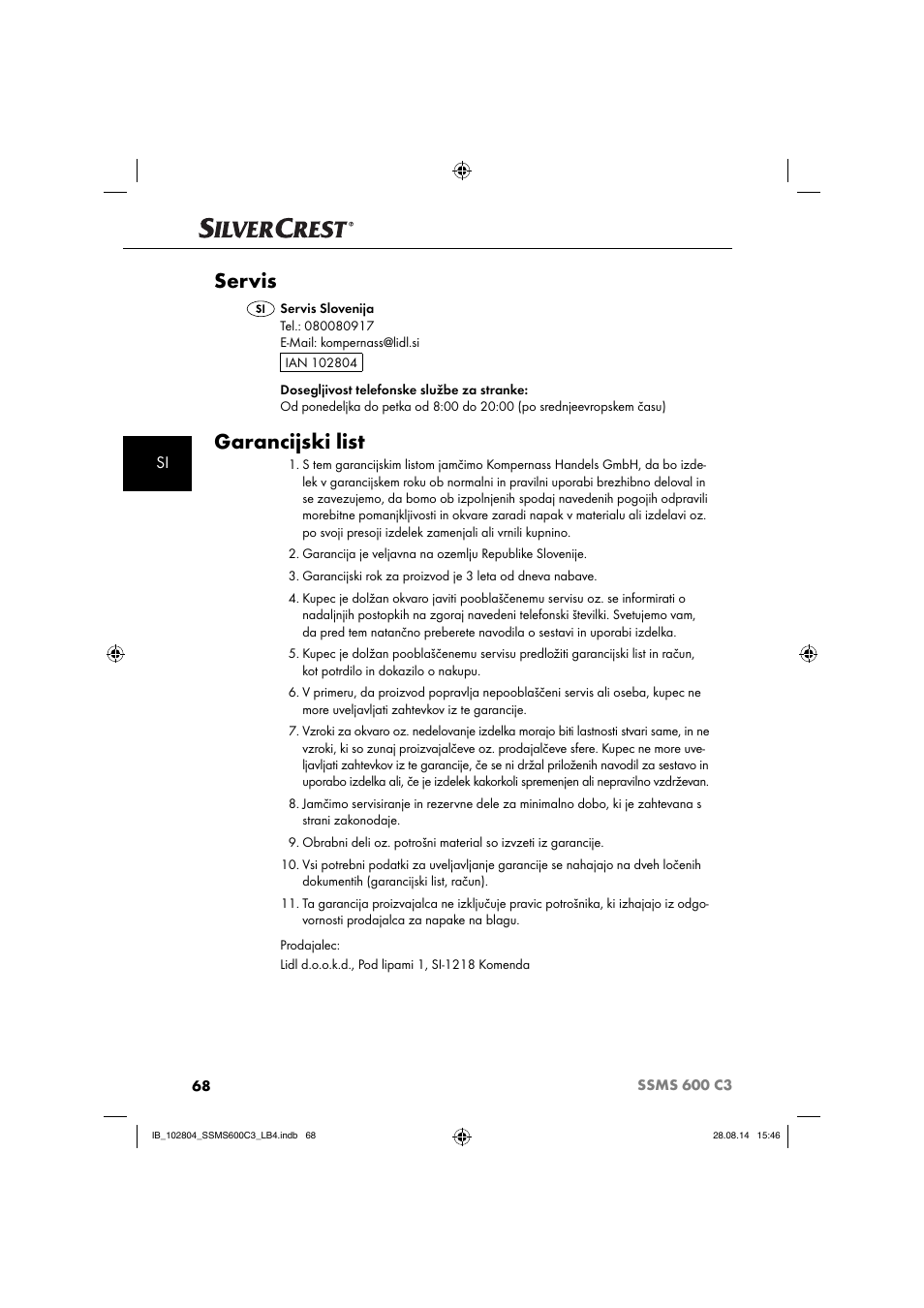 Servis, Garancijski list | Silvercrest SSMS 600 C3 User Manual | Page 71 / 130