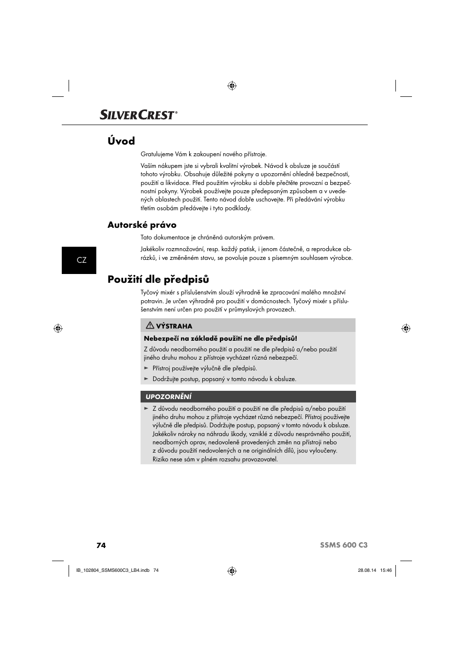 Úvod, Použití dle předpisů, Autorské právo | Silvercrest SSMS 600 C3 User Manual | Page 77 / 130