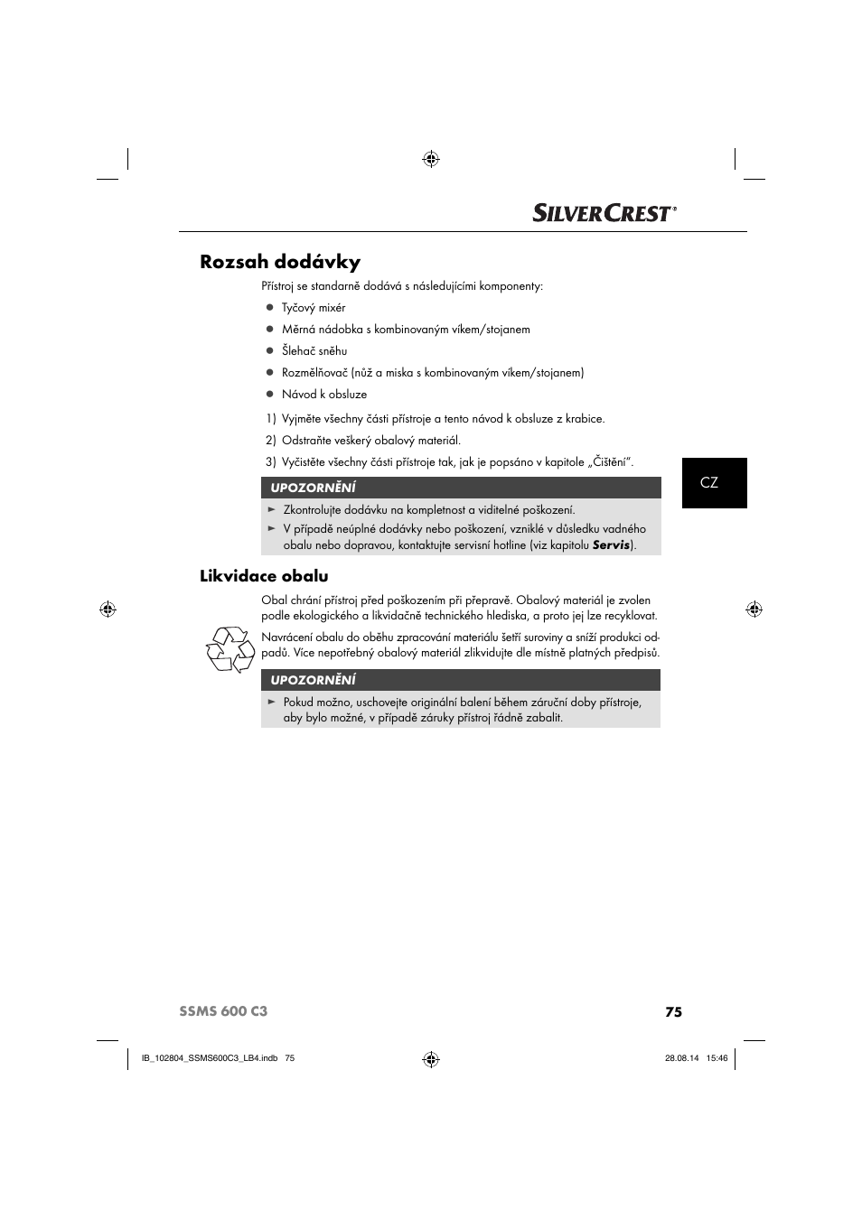 Rozsah dodávky, Likvidace obalu | Silvercrest SSMS 600 C3 User Manual | Page 78 / 130