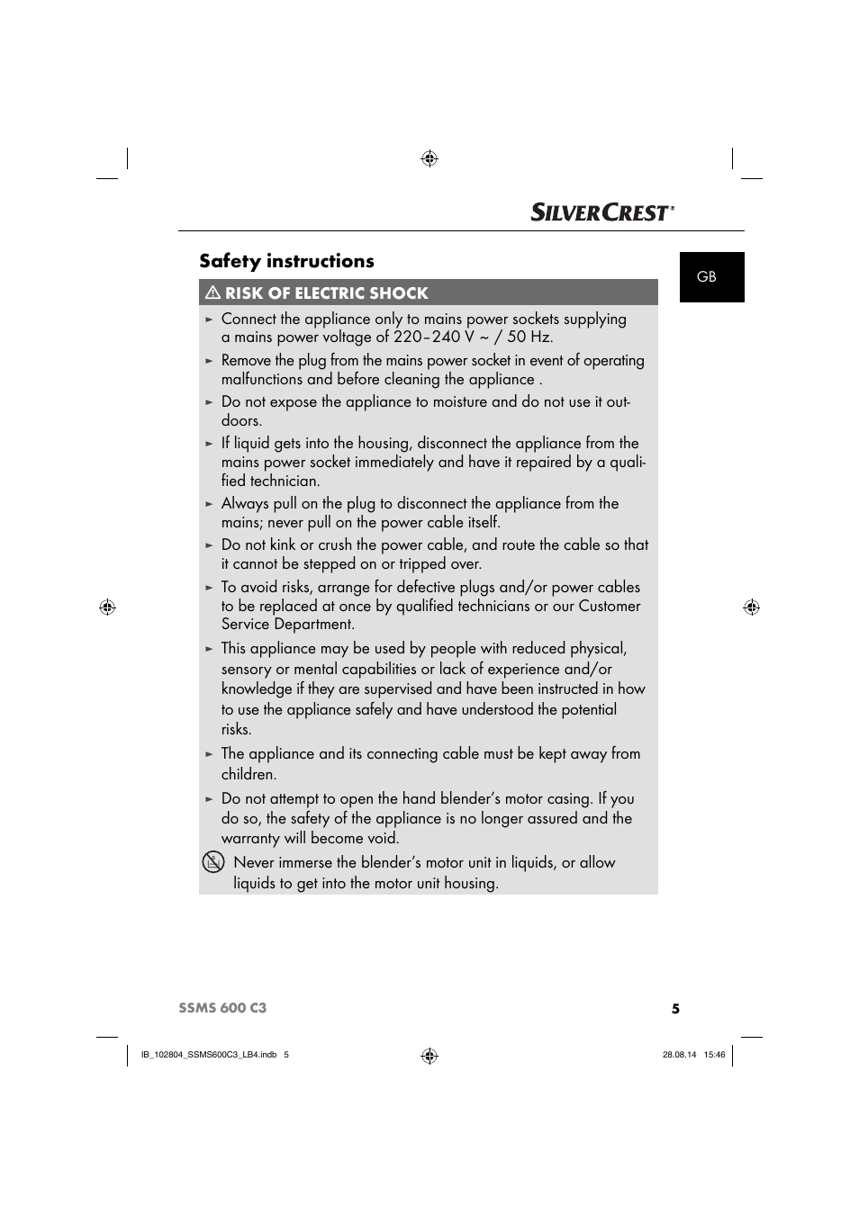 Safety instructions, Risk of electric shock | Silvercrest SSMS 600 C3 User Manual | Page 8 / 130