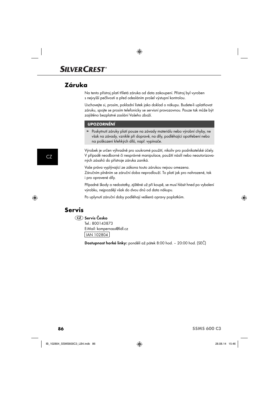 Záruka, Servis | Silvercrest SSMS 600 C3 User Manual | Page 89 / 130