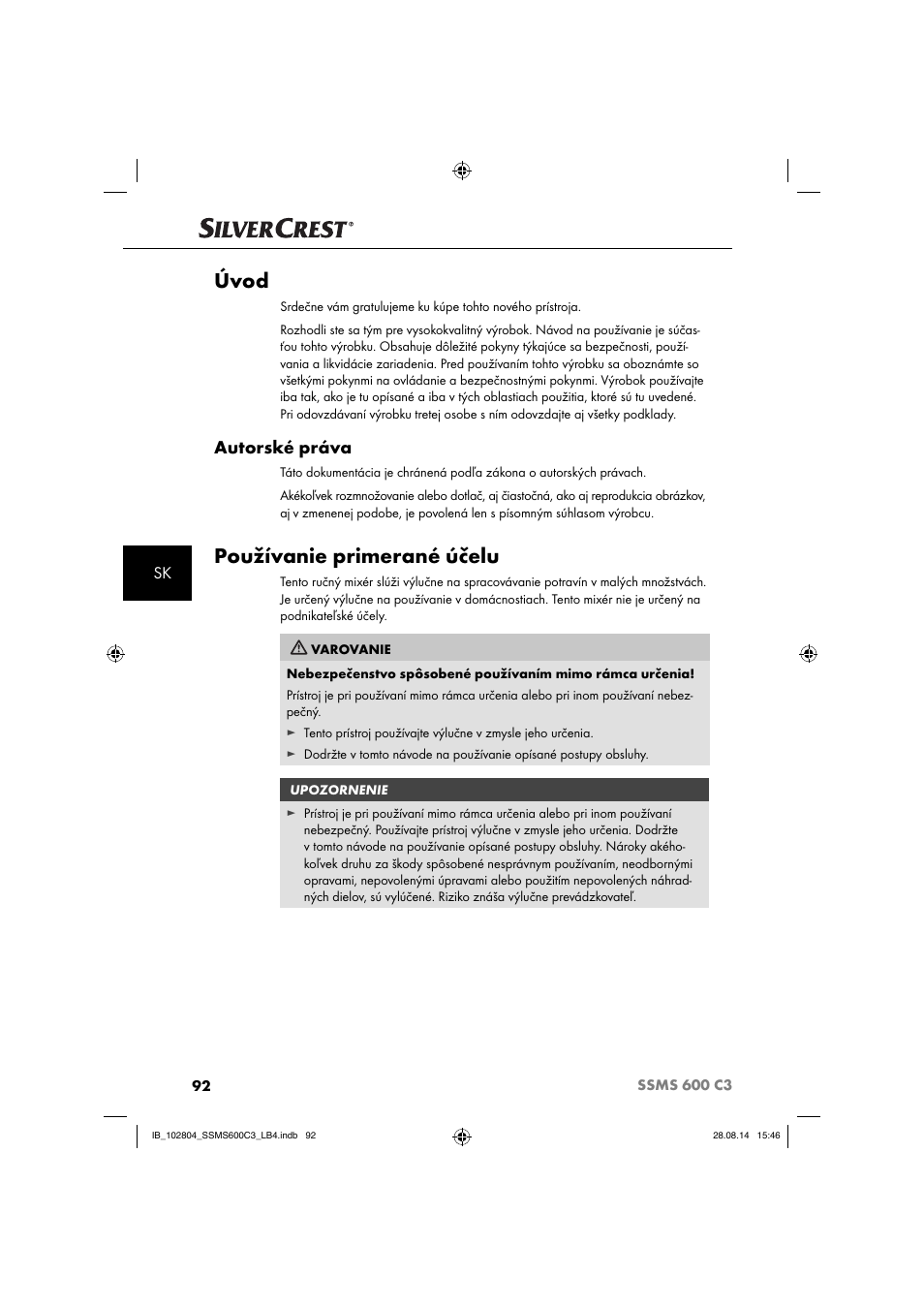 Úvod, Používanie primerané účelu, Autorské práva | Silvercrest SSMS 600 C3 User Manual | Page 95 / 130