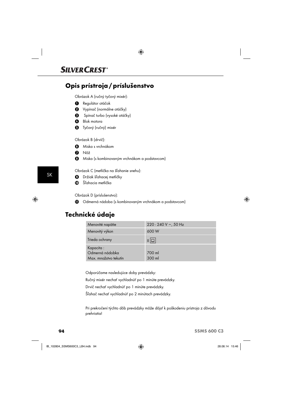 Opis prístroja / príslušenstvo, Technické údaje | Silvercrest SSMS 600 C3 User Manual | Page 97 / 130