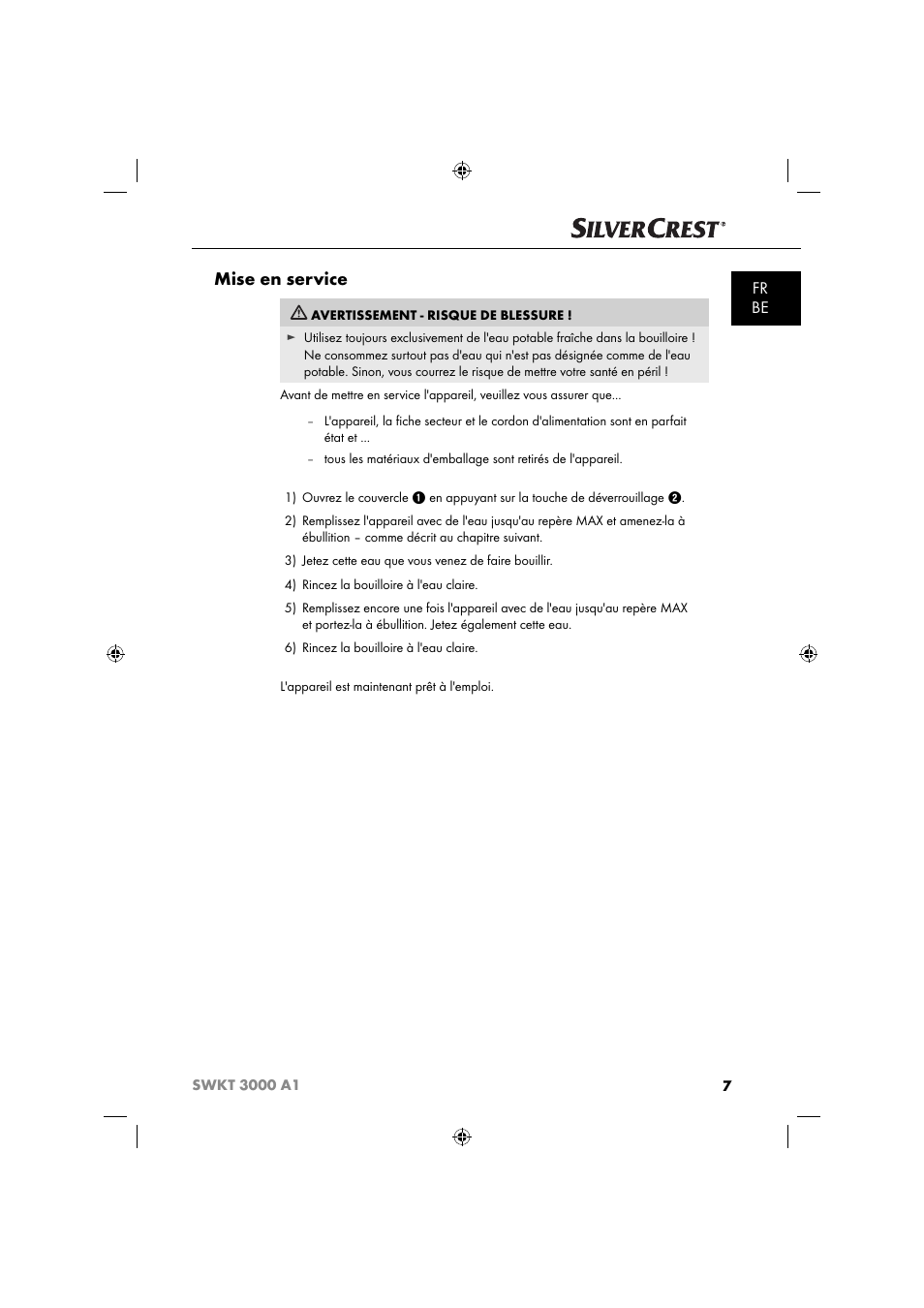 Mise en service, Fr be | Silvercrest SWKT 3000 A1 User Manual | Page 10 / 45