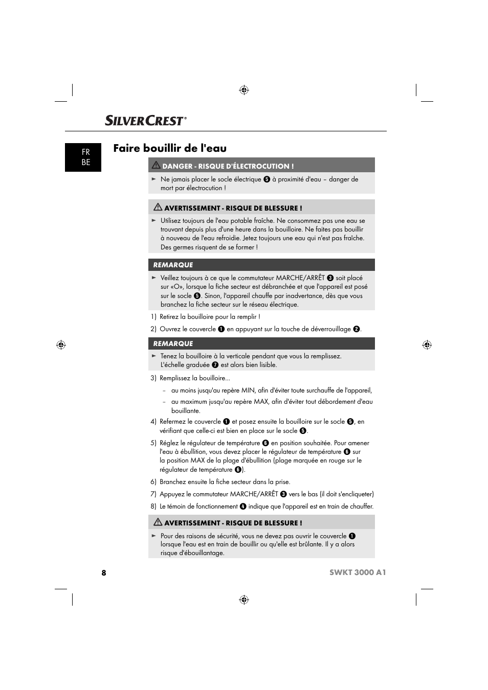 Faire bouillir de l'eau, Fr be | Silvercrest SWKT 3000 A1 User Manual | Page 11 / 45