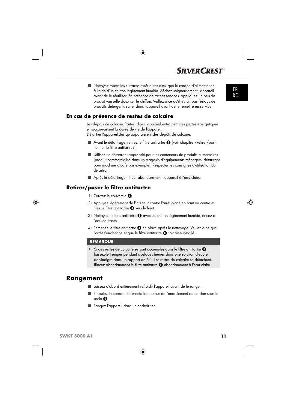 Rangement, En cas de présence de restes de calcaire, Retirer/poser le ﬁ ltre antitartre | Fr be | Silvercrest SWKT 3000 A1 User Manual | Page 14 / 45