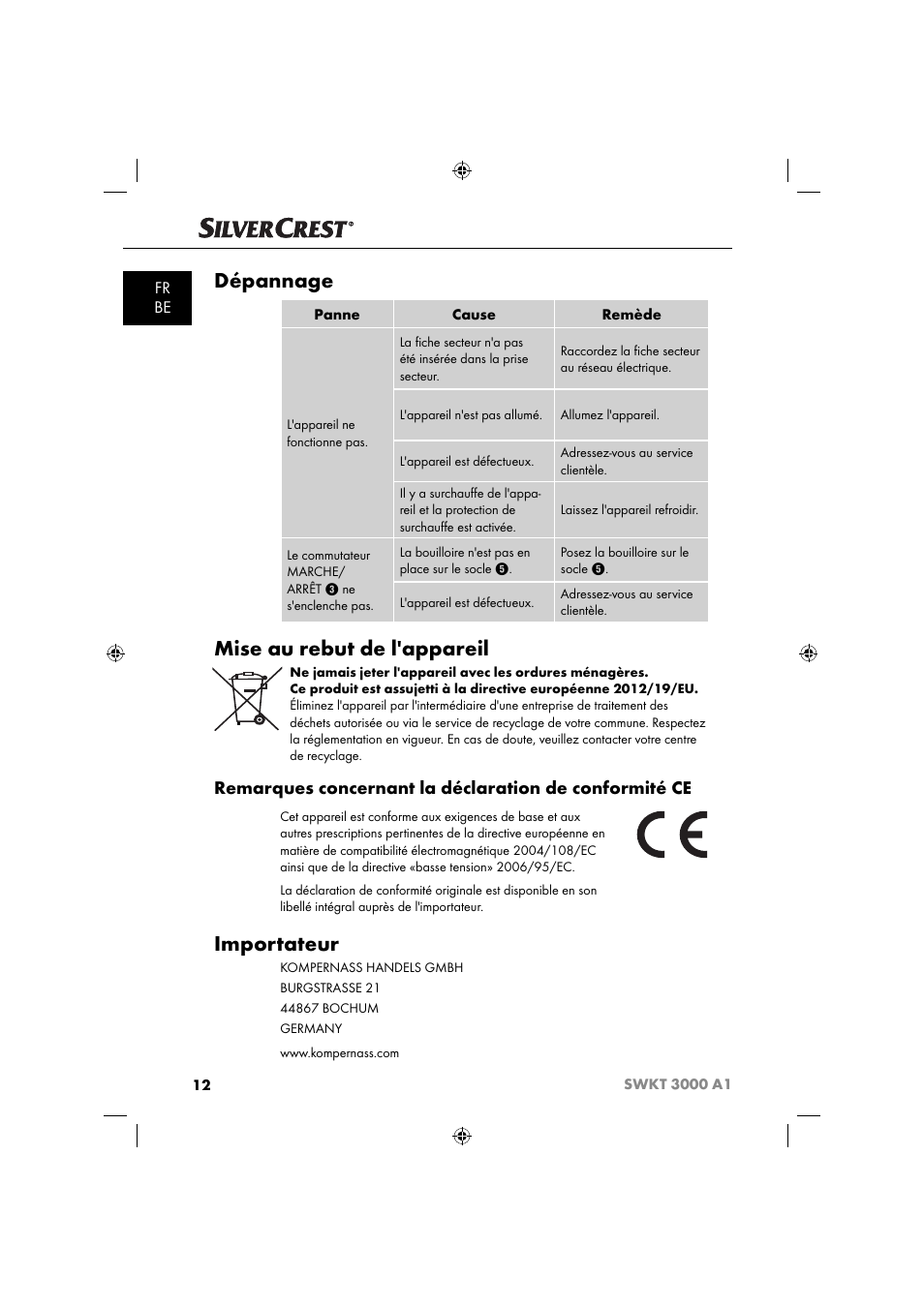 Dépannage, Mise au rebut de l'appareil, Importateur | Fr be | Silvercrest SWKT 3000 A1 User Manual | Page 15 / 45