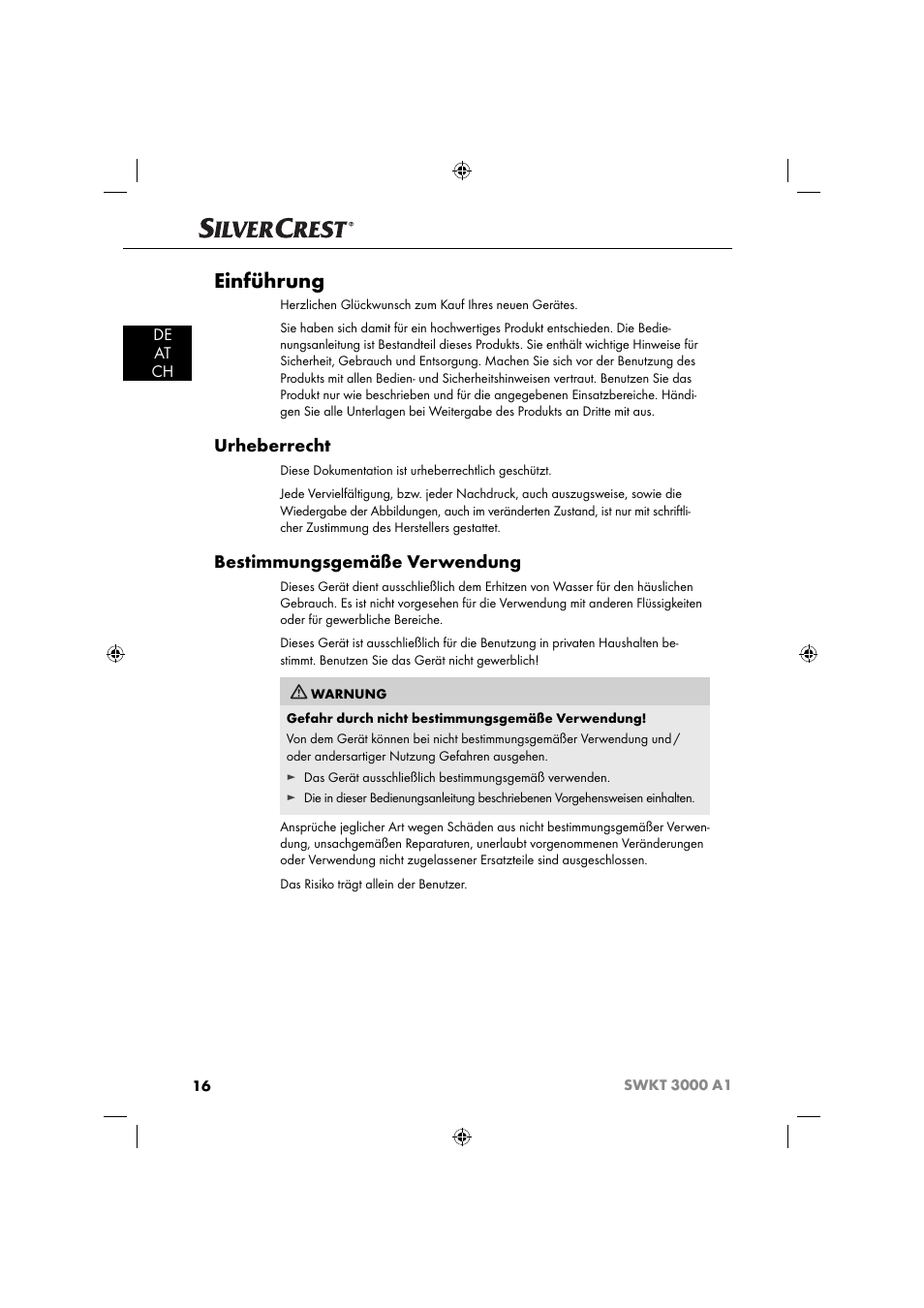 Einführung, Urheberrecht, Bestimmungsgemäße verwendung | De at ch | Silvercrest SWKT 3000 A1 User Manual | Page 19 / 45