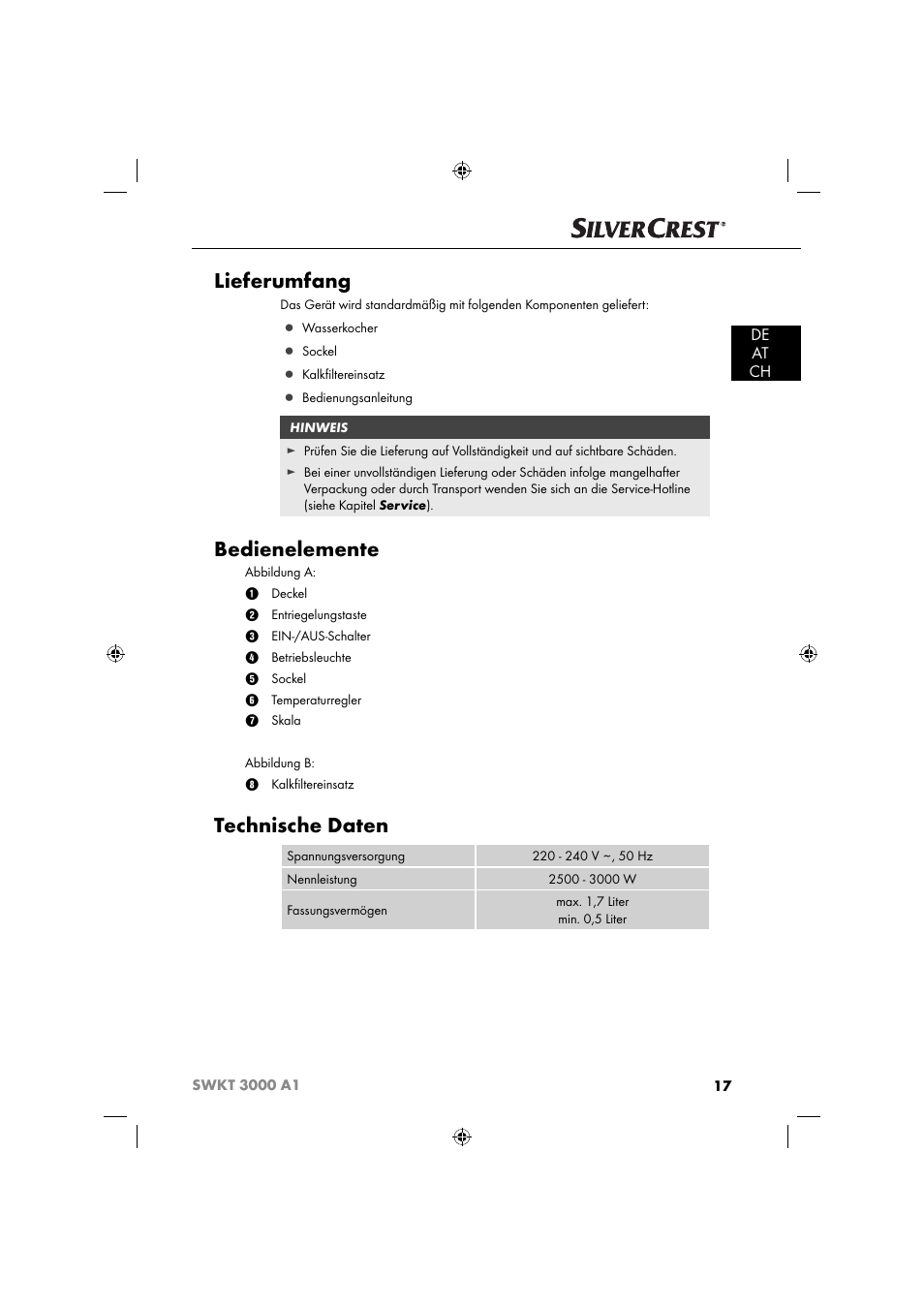 Lieferumfang, Bedienelemente, Technische daten | De at ch | Silvercrest SWKT 3000 A1 User Manual | Page 20 / 45