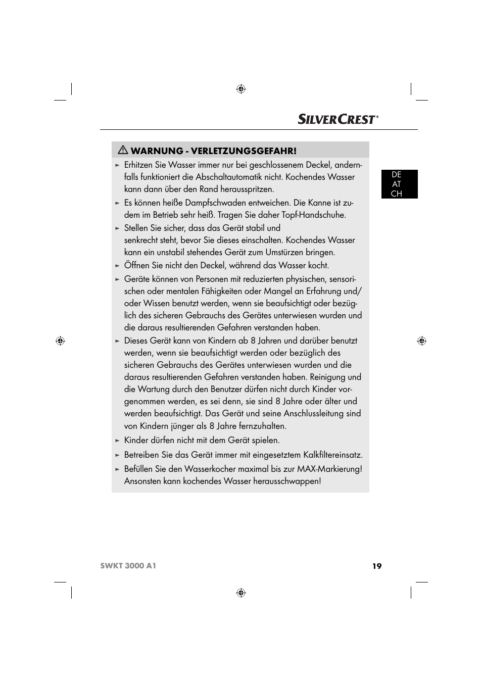 Warnung - verletzungsgefahr, Kinder dürfen nicht mit dem gerät spielen | Silvercrest SWKT 3000 A1 User Manual | Page 22 / 45