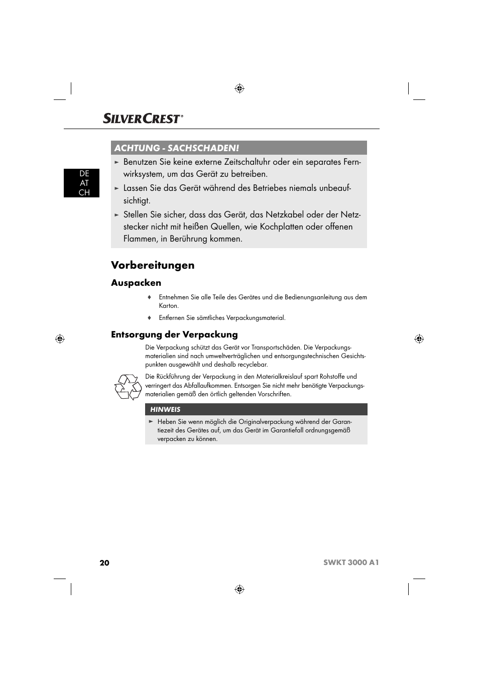 Vorbereitungen, Achtung - sachschaden, Auspacken | Entsorgung der verpackung, De at ch | Silvercrest SWKT 3000 A1 User Manual | Page 23 / 45