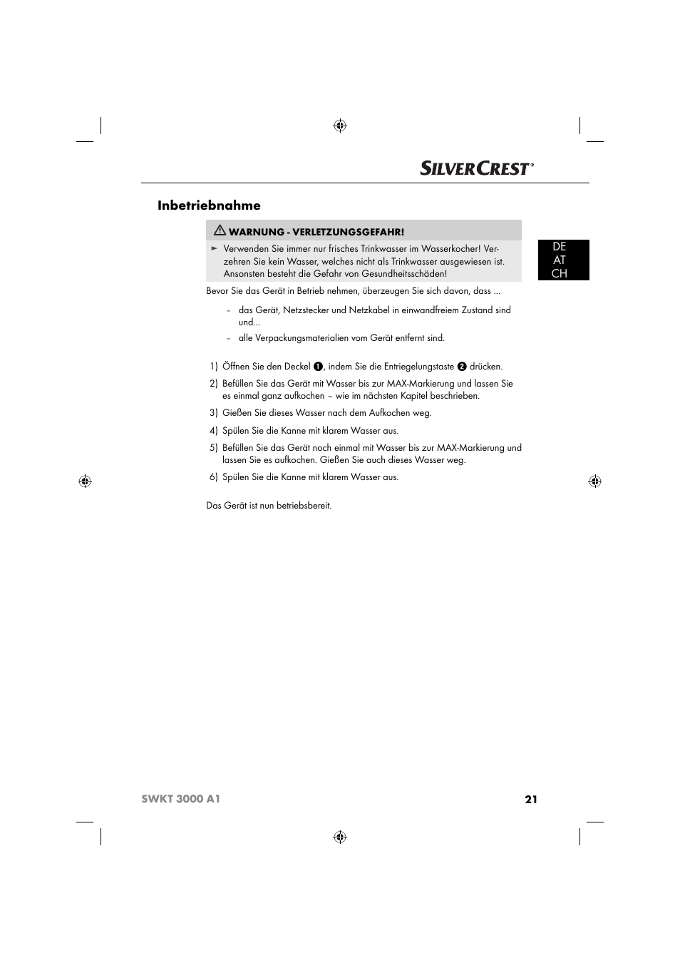 Inbetriebnahme, De at ch | Silvercrest SWKT 3000 A1 User Manual | Page 24 / 45