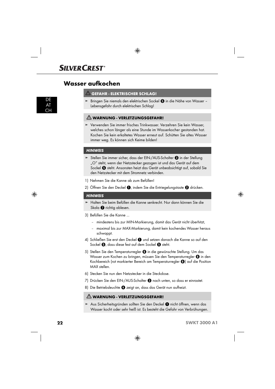 Wasser aufkochen, De at ch | Silvercrest SWKT 3000 A1 User Manual | Page 25 / 45