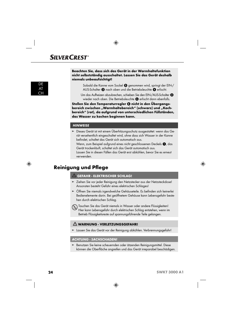 Reinigung und pﬂ ege, De at ch | Silvercrest SWKT 3000 A1 User Manual | Page 27 / 45