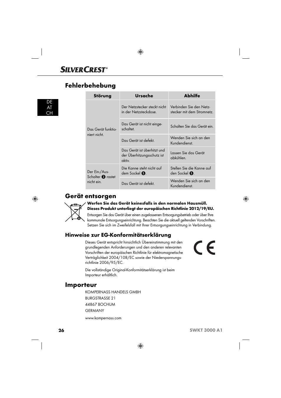 Fehlerbehebung, Gerät entsorgen, Importeur | Hinweise zur eg-konformitätserklärung, De at ch | Silvercrest SWKT 3000 A1 User Manual | Page 29 / 45