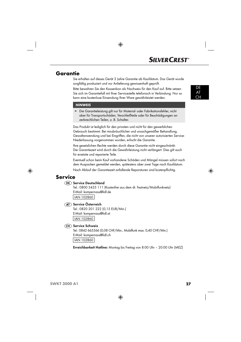 Garantie, Service, De at ch | Silvercrest SWKT 3000 A1 User Manual | Page 30 / 45