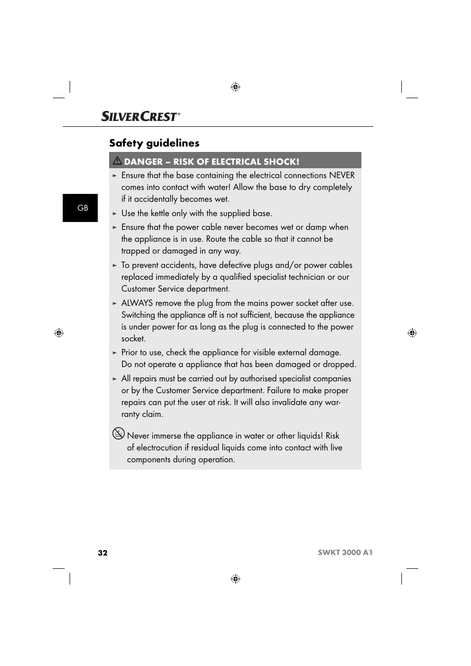 Safety guidelines, Danger – risk of electrical shock, Use the kettle only with the supplied base | Silvercrest SWKT 3000 A1 User Manual | Page 35 / 45