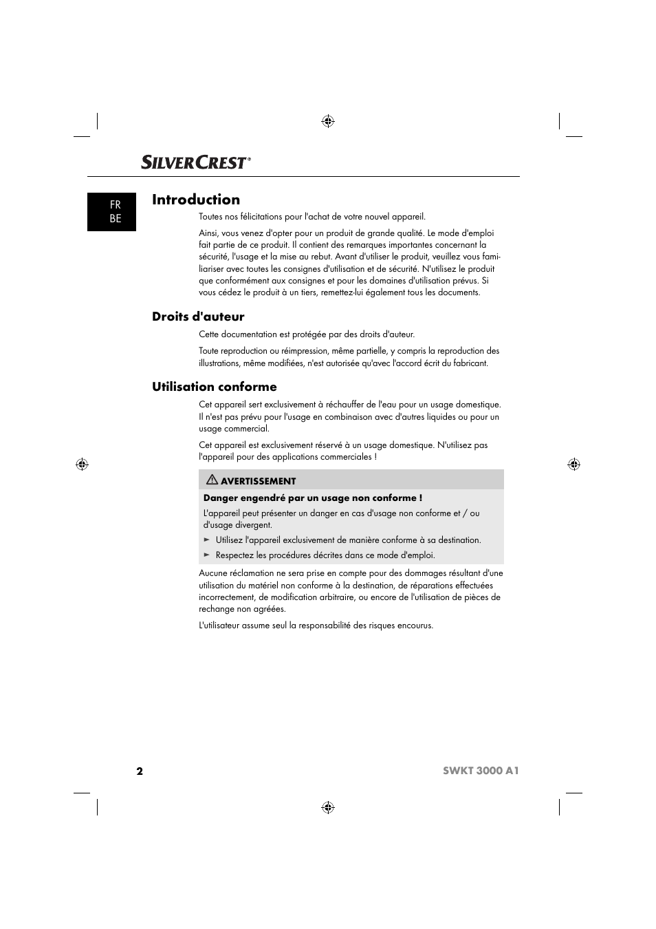 Introduction, Droits d'auteur, Utilisation conforme | Fr be | Silvercrest SWKT 3000 A1 User Manual | Page 5 / 45