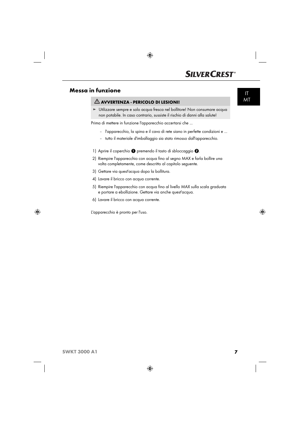 Messa in funzione, It mt | Silvercrest SWKT 3000 A1 User Manual | Page 10 / 59