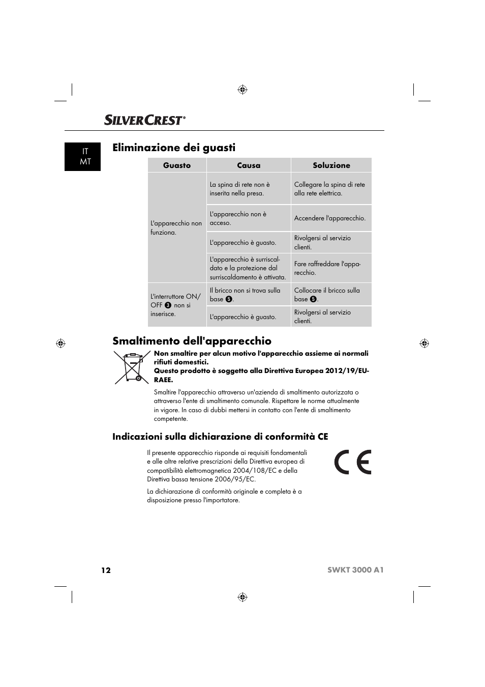 Eliminazione dei guasti, Smaltimento dell'apparecchio, Indicazioni sulla dichiarazione di conformità ce | It mt | Silvercrest SWKT 3000 A1 User Manual | Page 15 / 59