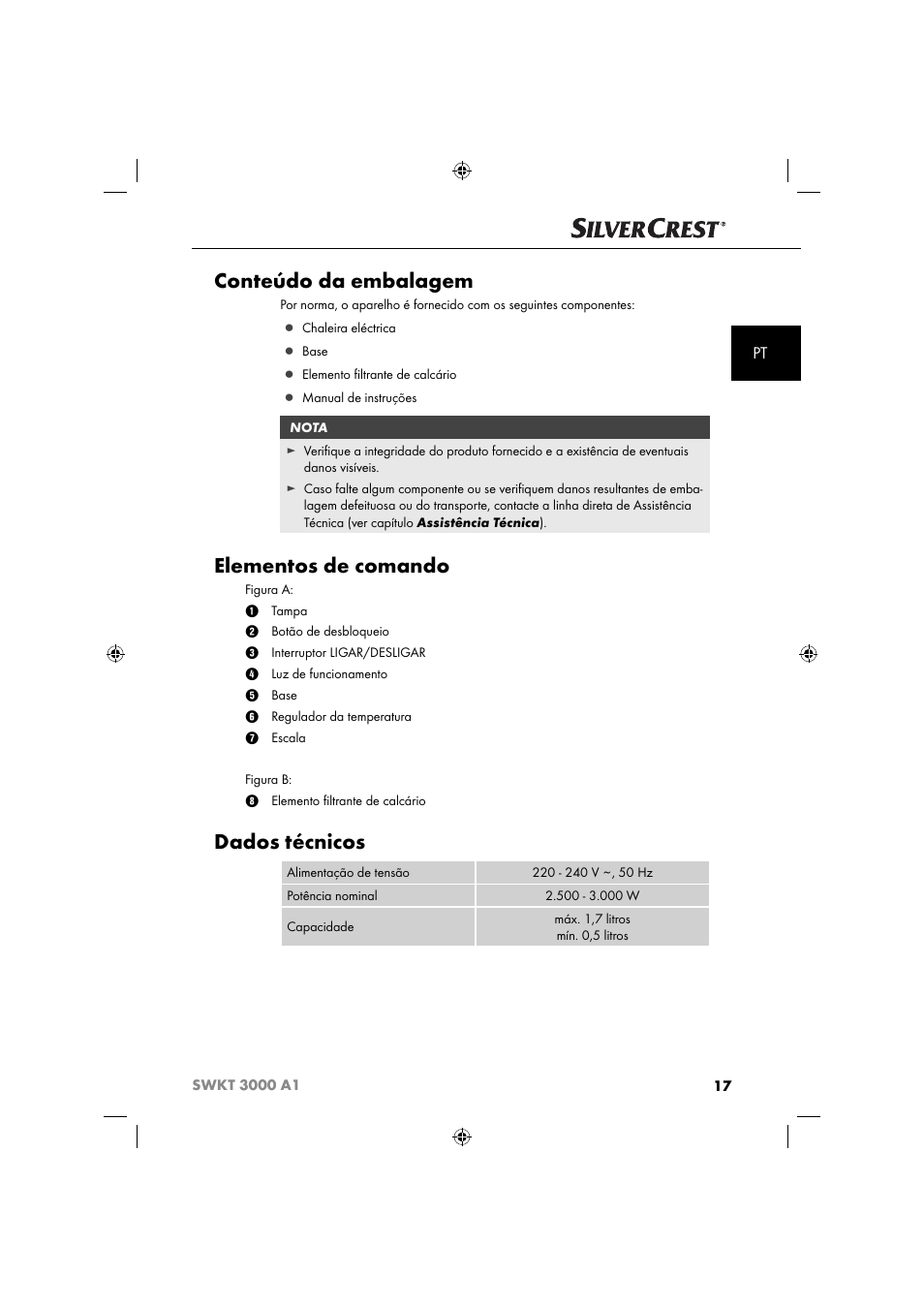 Conteúdo da embalagem, Elementos de comando, Dados técnicos | Silvercrest SWKT 3000 A1 User Manual | Page 20 / 59