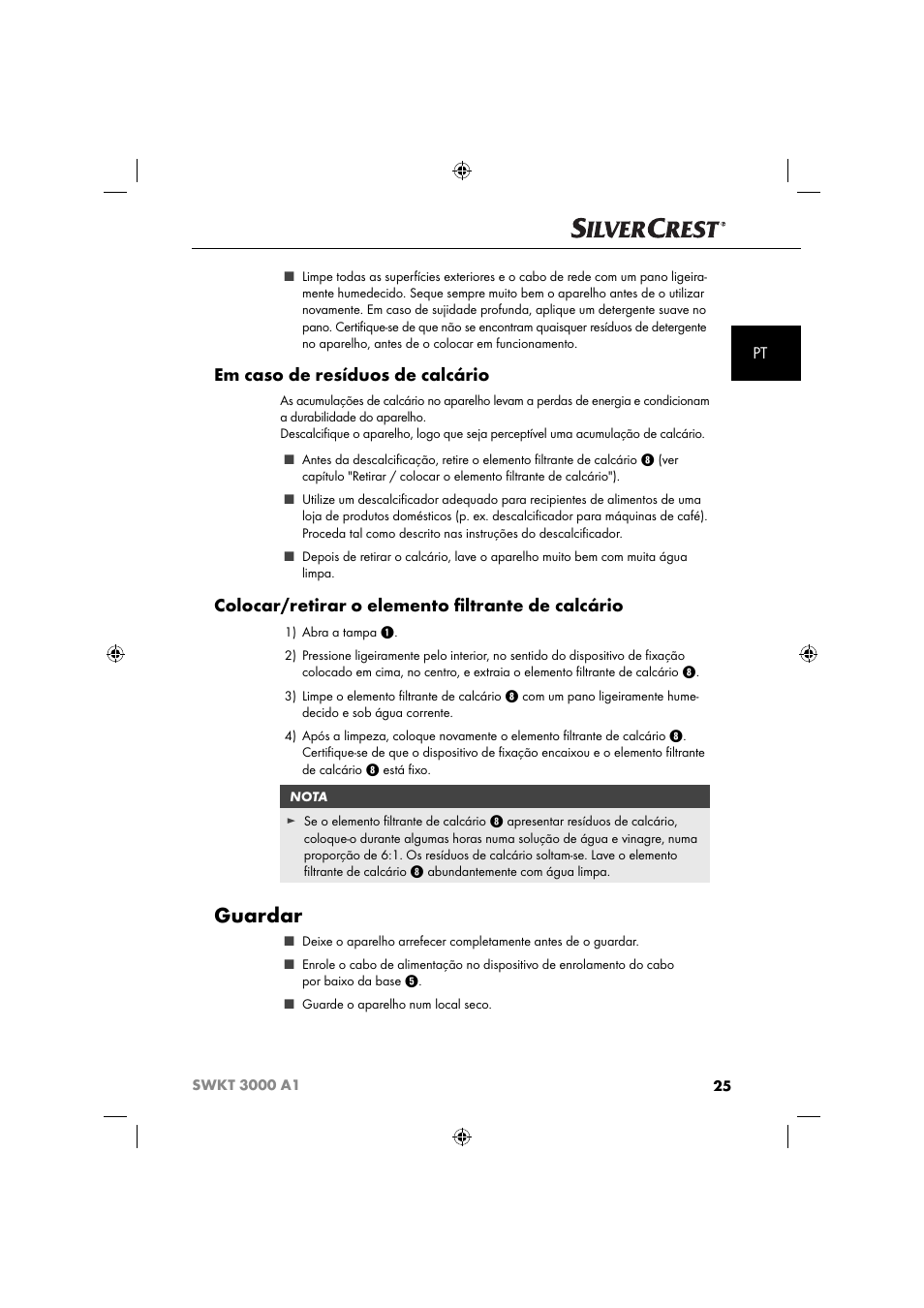 Guardar, Em caso de resíduos de calcário, Colocar/retirar o elemento ﬁ ltrante de calcário | Silvercrest SWKT 3000 A1 User Manual | Page 28 / 59