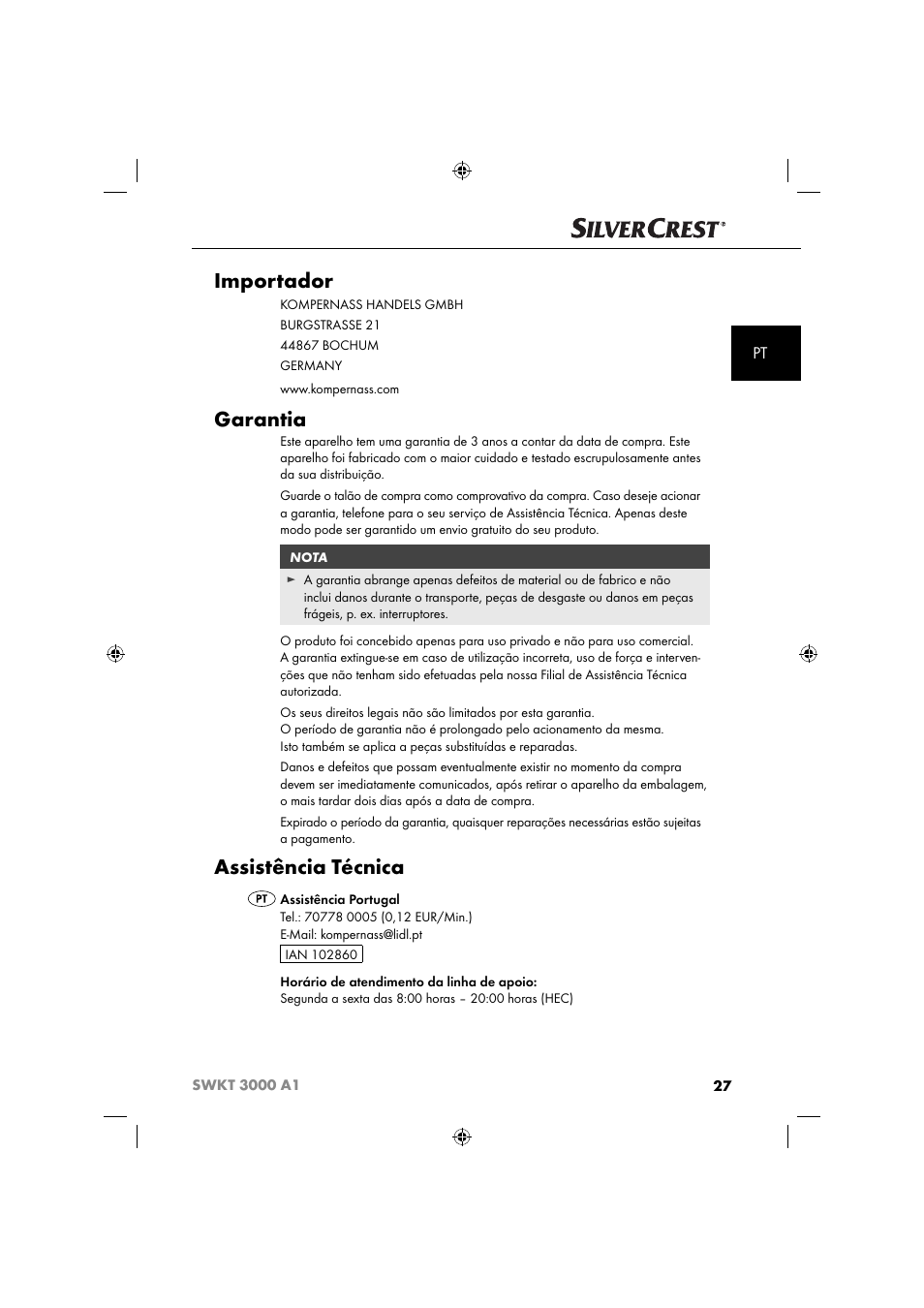 Importador, Garantia, Assistência técnica | Silvercrest SWKT 3000 A1 User Manual | Page 30 / 59