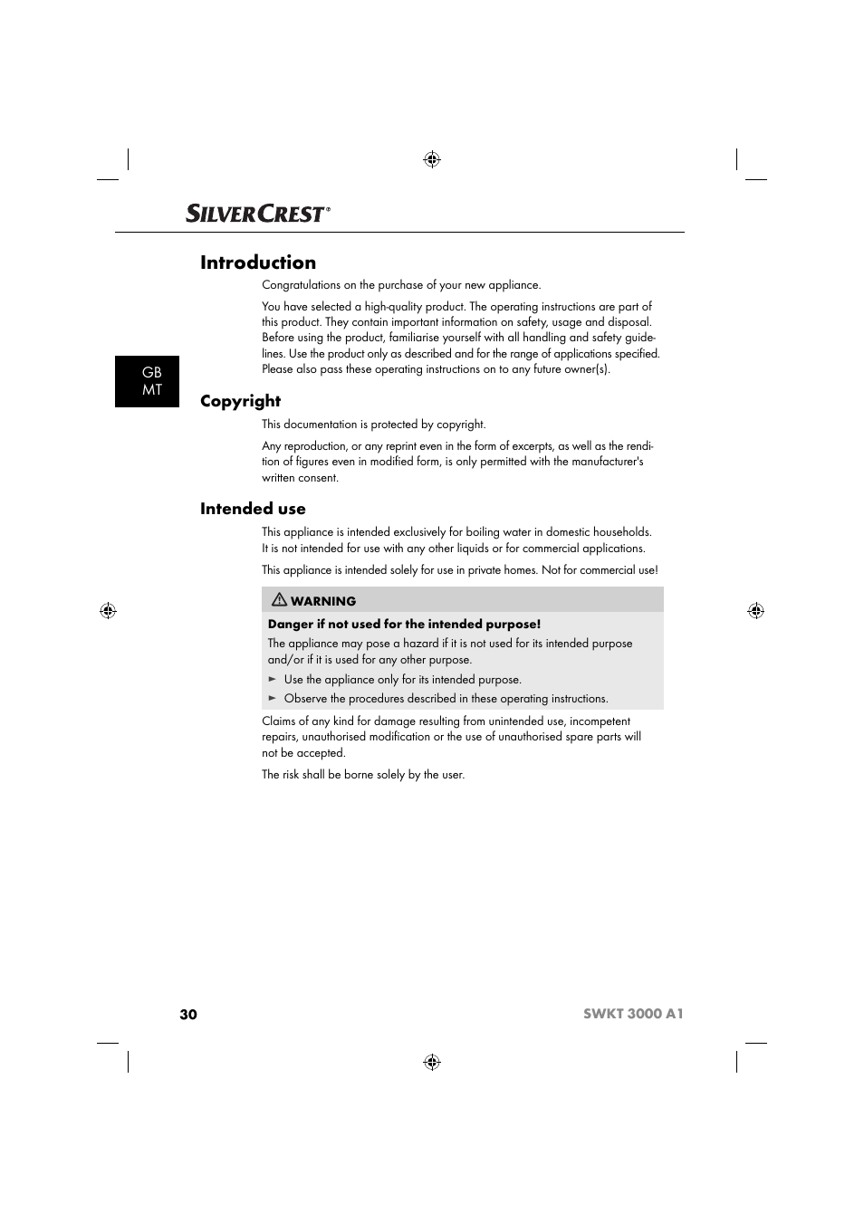 Introduction, Copyright, Intended use | Gb mt | Silvercrest SWKT 3000 A1 User Manual | Page 33 / 59