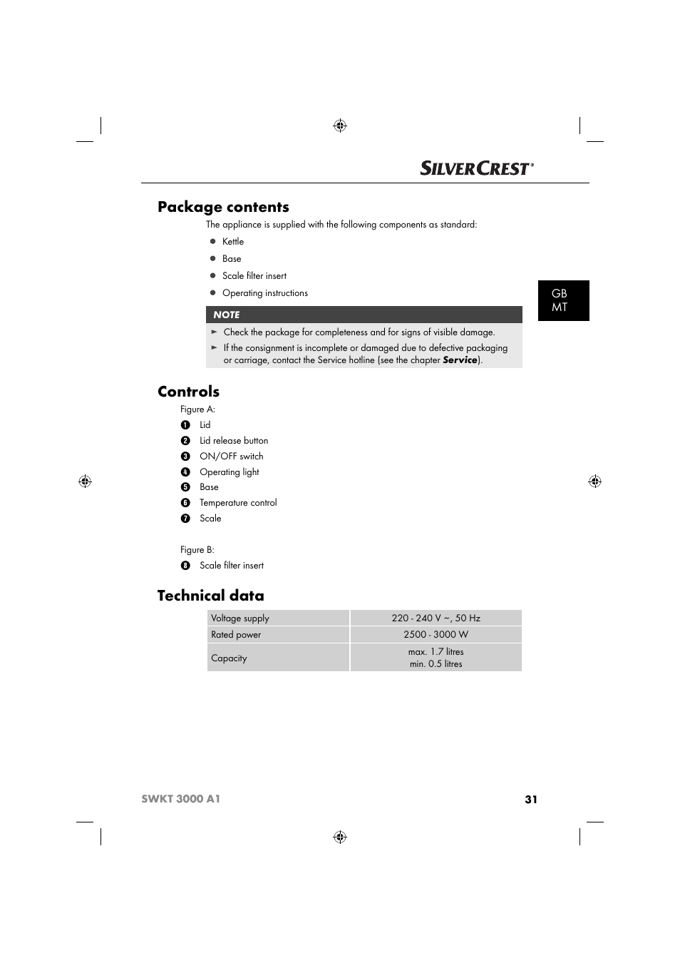 Package contents, Controls, Technical data | Gb mt | Silvercrest SWKT 3000 A1 User Manual | Page 34 / 59