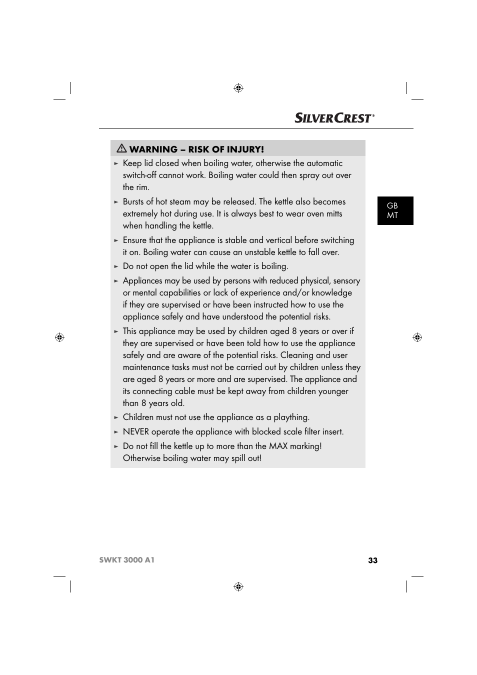 Warning – risk of injury, Do not open the lid while the water is boiling, Children must not use the appliance as a plaything | Silvercrest SWKT 3000 A1 User Manual | Page 36 / 59