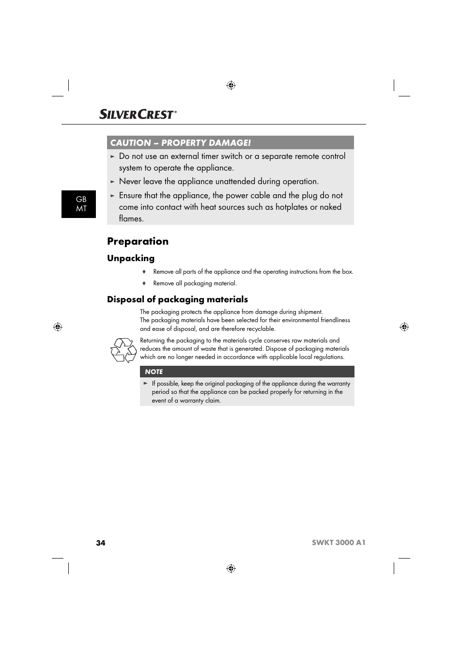Preparation, Caution – property damage, Unpacking | Disposal of packaging materials, Gb mt | Silvercrest SWKT 3000 A1 User Manual | Page 37 / 59