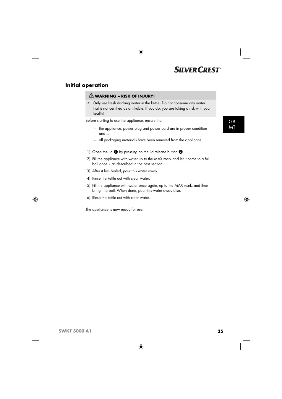 Initial operation, Gb mt | Silvercrest SWKT 3000 A1 User Manual | Page 38 / 59