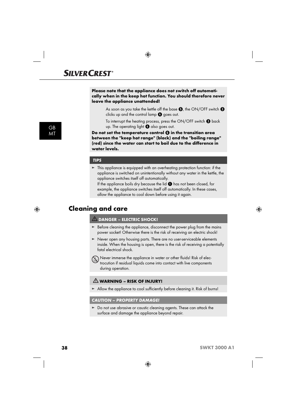 Cleaning and care, Gb mt | Silvercrest SWKT 3000 A1 User Manual | Page 41 / 59