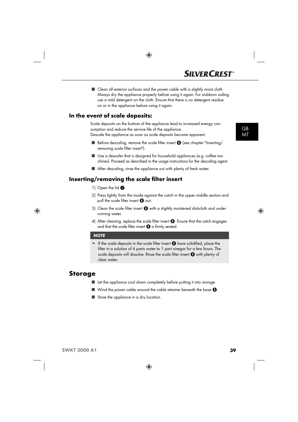 Storage, Inserting/removing the scale ﬁ lter insert, Gb mt | Silvercrest SWKT 3000 A1 User Manual | Page 42 / 59