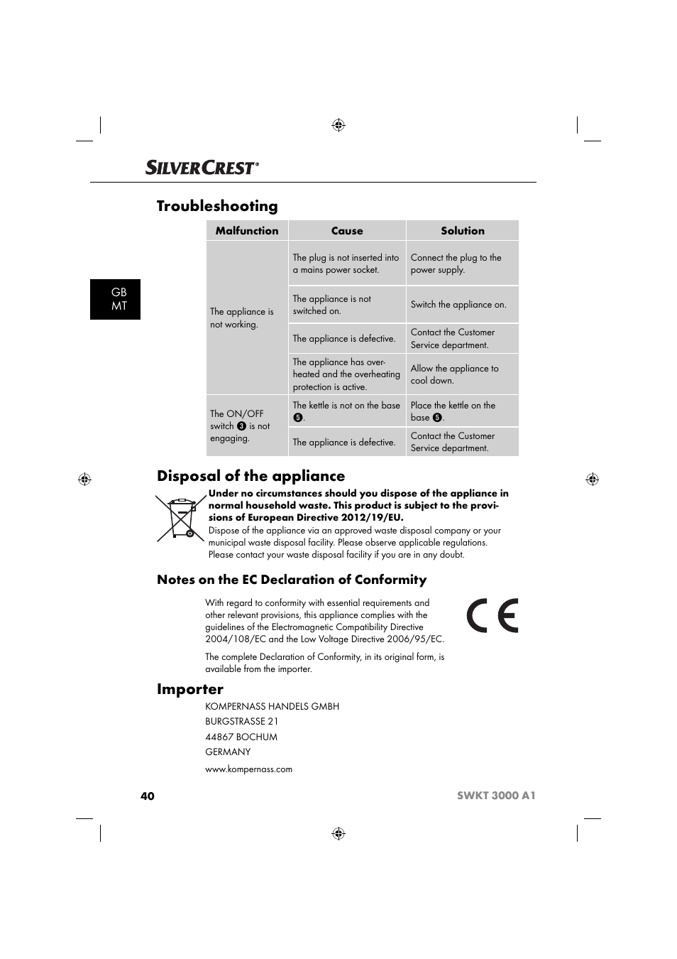 Troubleshooting, Disposal of the appliance, Importer | Gb mt | Silvercrest SWKT 3000 A1 User Manual | Page 43 / 59
