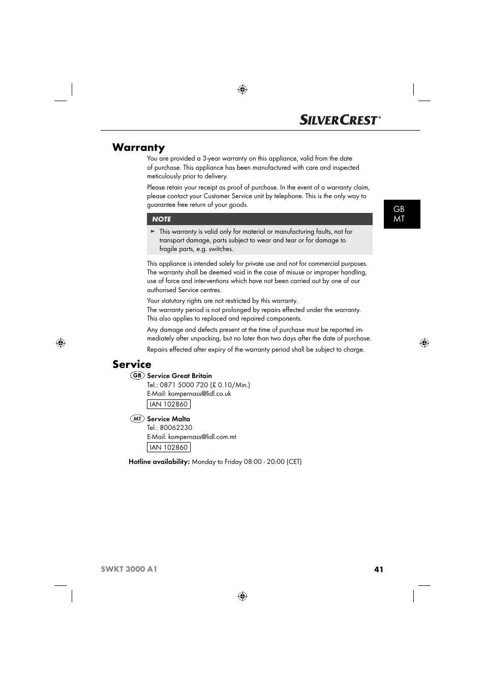 Warranty, Service, Gb mt | Silvercrest SWKT 3000 A1 User Manual | Page 44 / 59