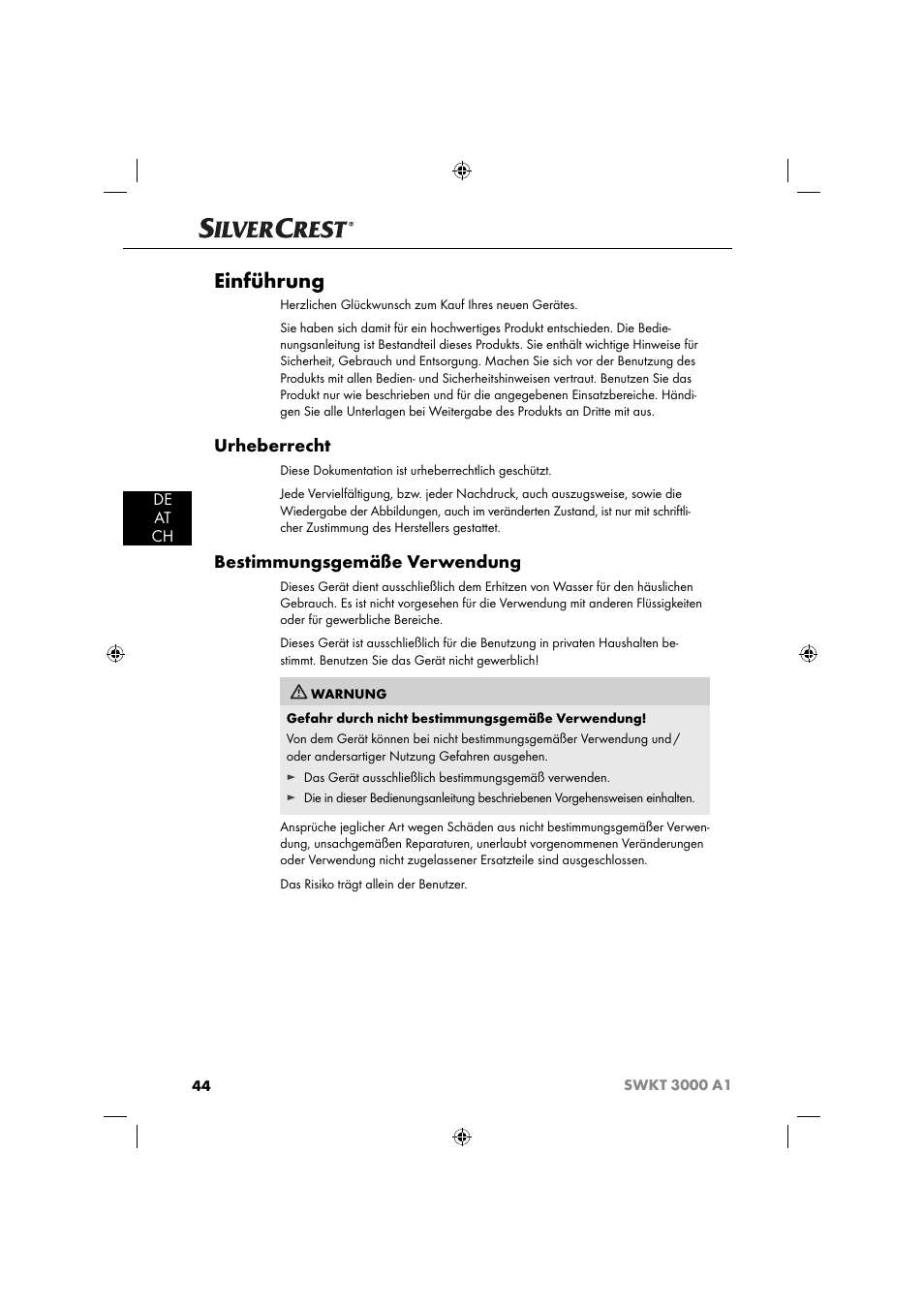 Einführung, Urheberrecht, Bestimmungsgemäße verwendung | De at ch | Silvercrest SWKT 3000 A1 User Manual | Page 47 / 59