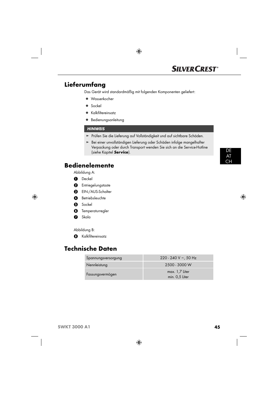 Lieferumfang, Bedienelemente, Technische daten | De at ch | Silvercrest SWKT 3000 A1 User Manual | Page 48 / 59