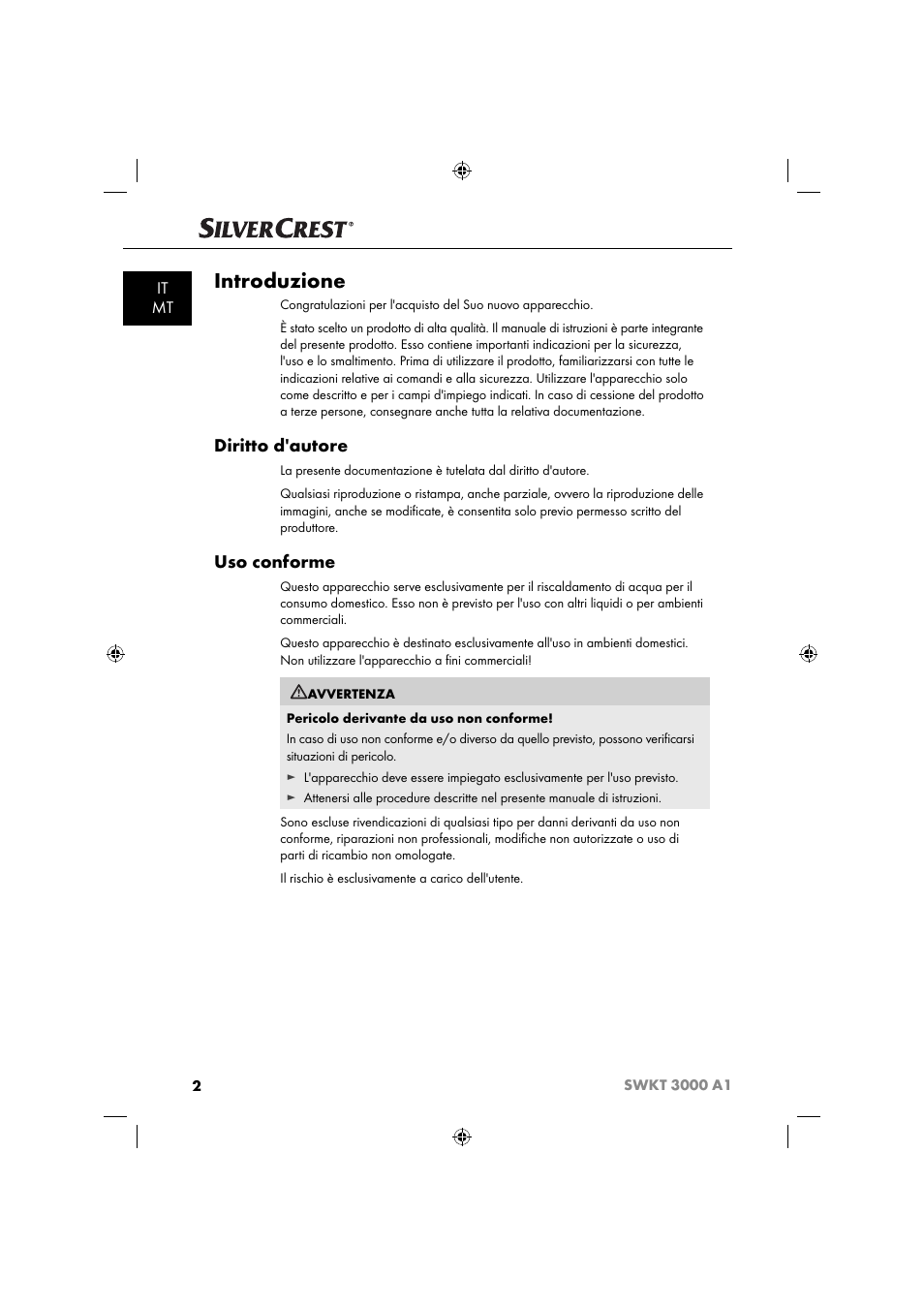 Introduzione, Diritto d'autore, Uso conforme | It mt | Silvercrest SWKT 3000 A1 User Manual | Page 5 / 59